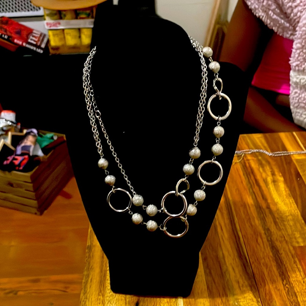 Long necklace silver tone. 34”